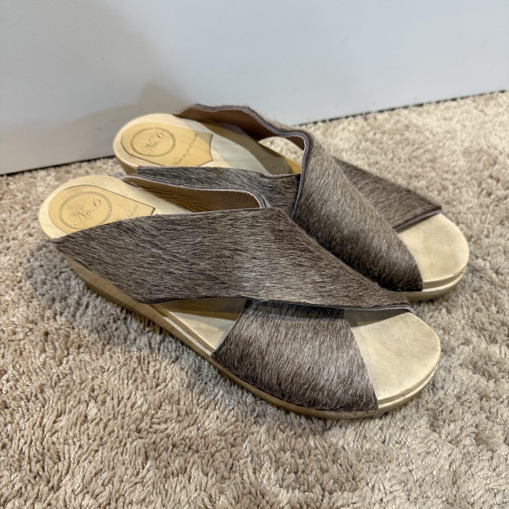 No.6 Clog Sandals Womens Size 12 Brown Haircalf Wooden Platform Wedge Slides - Picture 3 of 9